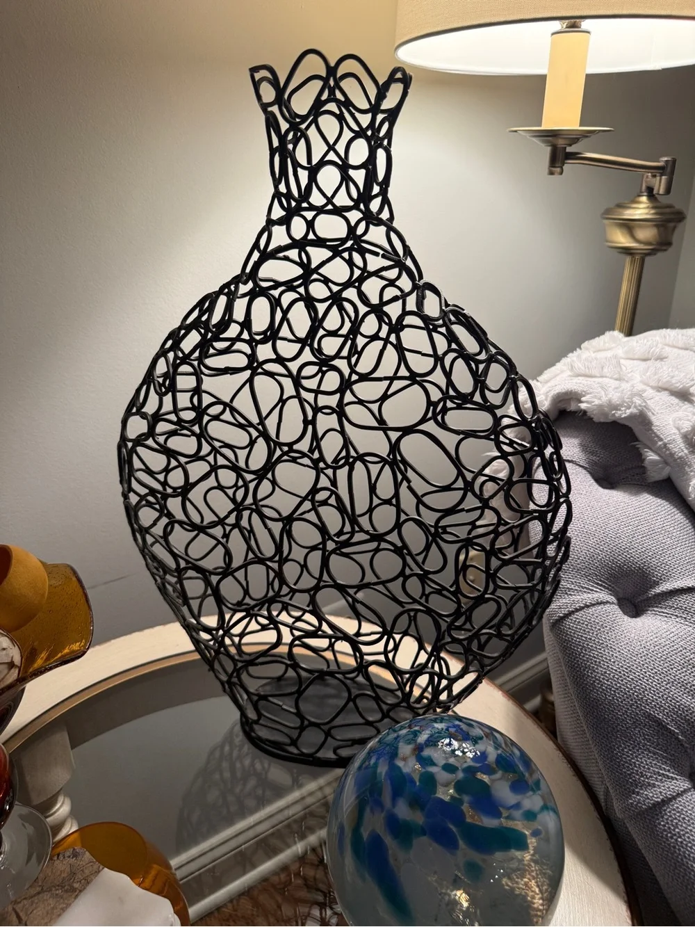 Modern Black Openwork Metal Wire Floor Vase Sculpture Decorative Statement Piece